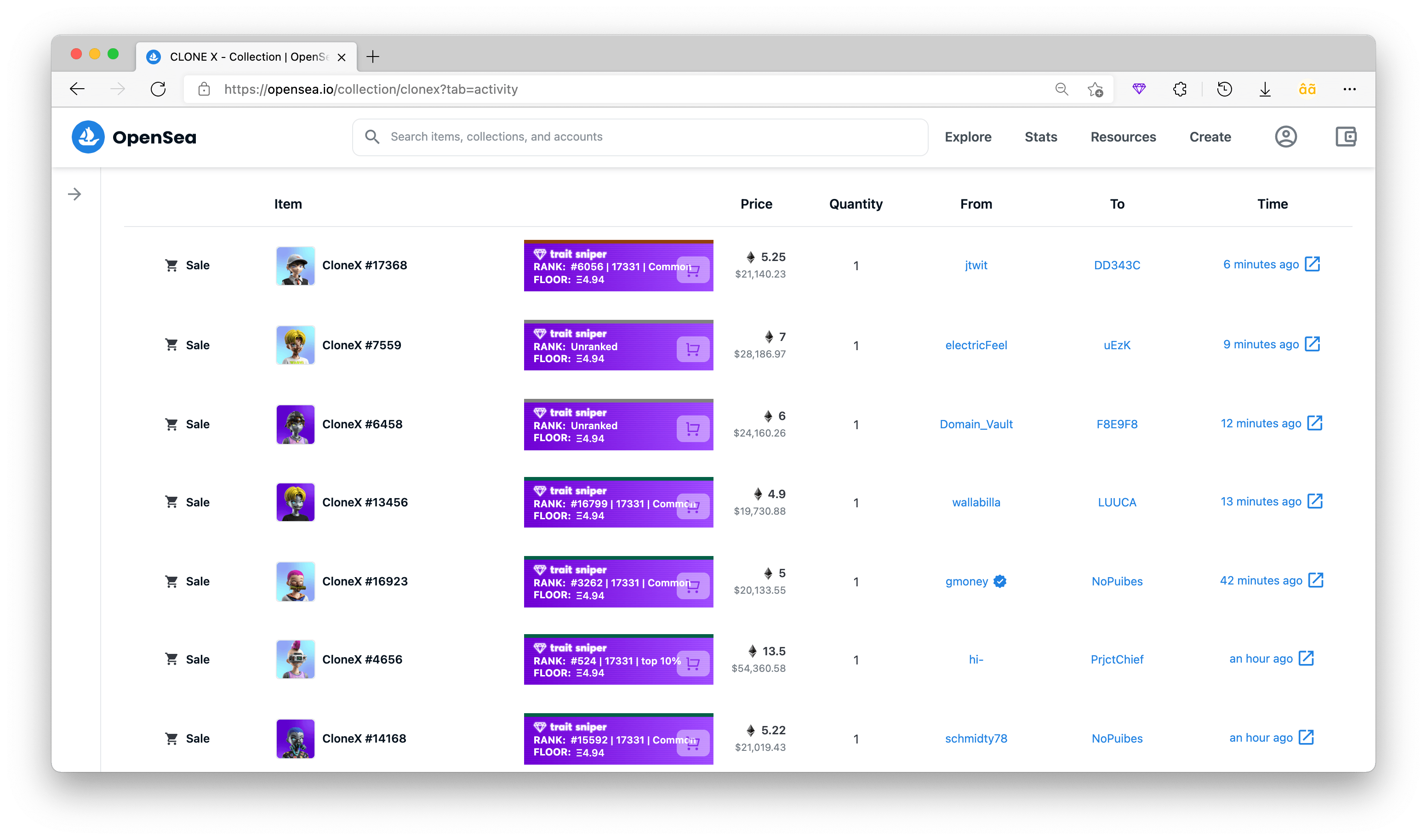 NFTs' info on collection activity page by Trait Sniper